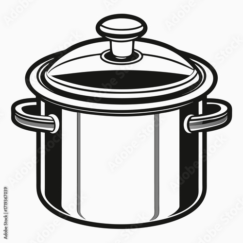 shows a black and white stockpot with its lid ready for cooking
