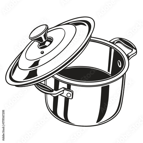 Striking monochrome outline shows a gleaming pot with an angled lid resting beside it
