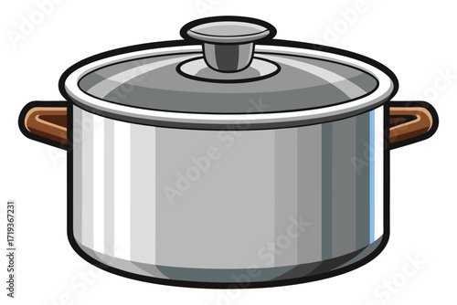 Silver metallic cooking pot with lid and wooden handles is isolated