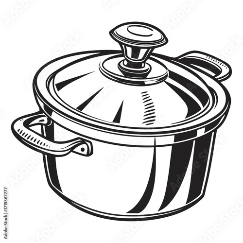 Stylized pot with lid features smooth lines and a detailed, glossy black and white appearance