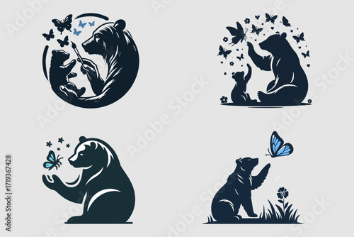 This is a vector image of a bear touching a butterfly, suitable for use in corporate designs, photo studios, videography, printing, product covers, food, drinks, forest products, content, posters, 