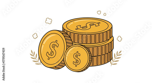 Stack of Gold Coins with Dollar Signs, Financial Wealth.