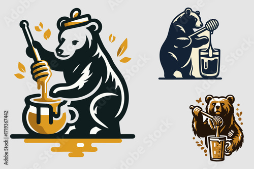This is a vector image of a bear and a glass of honey, suitable for use in logo designs for food, beverage, honey, herbal medicine, packaging, packaging, banner, poster, advertisement, shop, accessori