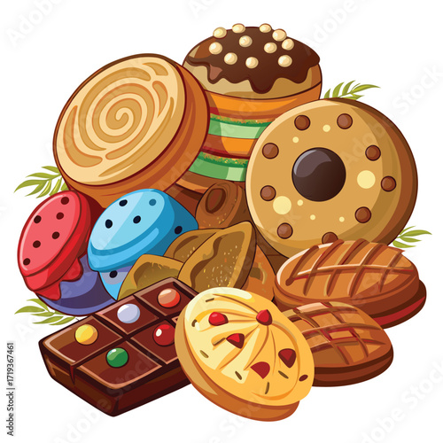 An arrangement of assorted vibrant cartoon cookies, donuts and chocolates creates a colorful, tempting display