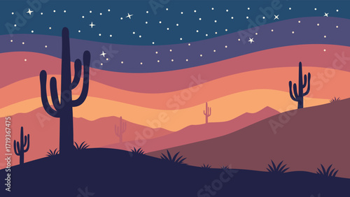 Stunning desert landscape with cactus silhouette under starlit night, perfect for travel blog, nature poster, or southwestern decor, originally vector graphics