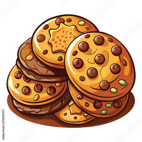 A stack of delicious, golden baked cookies decorated with chocolate chips are placed together