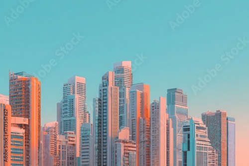 Wallpaper Mural Urban skyline powered by mixed energy systems, peach orange and sky teal, clean-energy optimism  Torontodigital.ca