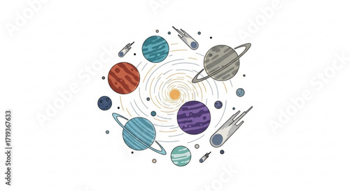 Colorful solar system with planets, comets, and stars a vibrant illustration of cosmic wonders and celestial bodies