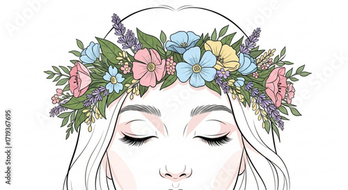 A beautiful woman with a flower crown, her eyes closed in peaceful contemplation, capturing the essence of natural beauty