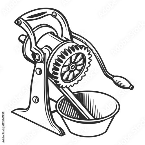 Detailed black line work shows a vintage manual grinder over a container