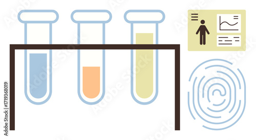 Test tubes in a rack with colorful liquids, fingerprint graphic, and a data chart. Ideal for science, laboratory testing, biometric analysis, forensic research, data security, identity verification