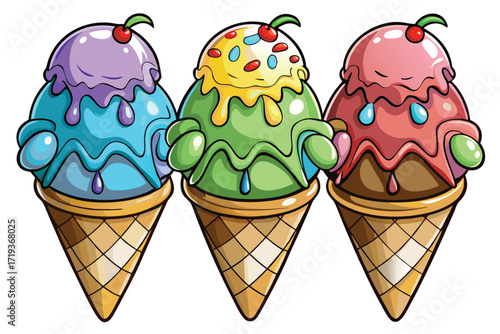 Three vibrant cartoon ice cream cones each display unique colorful flavors and toppings