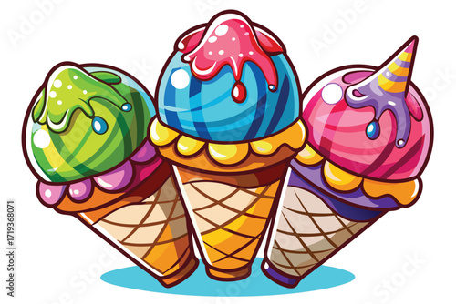 Three colorful cartoon ice cream cones are melting on a white surface