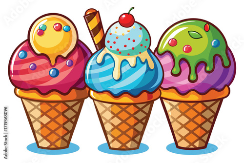 Three colorful cartoon ice cream cones stand next to each other, dripping with sauce