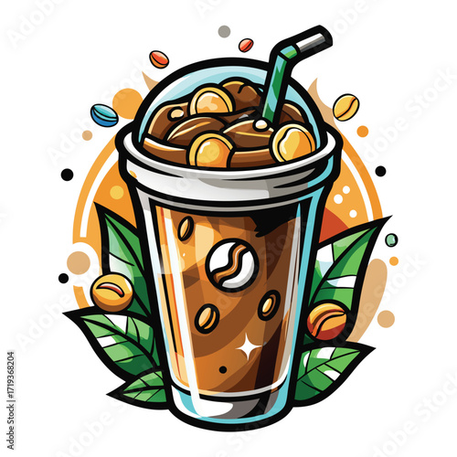Stylized cold brew coffee drink with straw and fresh leaves creates vibrant appeal