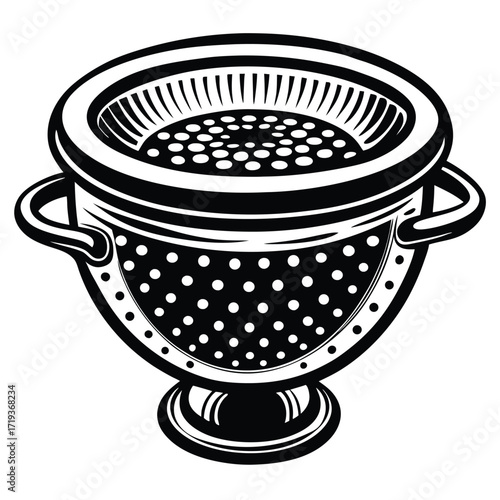 Simplified black and white colander pot showcases circular cutouts for kitchen use