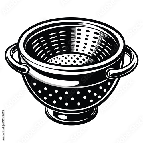 Detailed monochrome rendering of a colander with handles and round drainage holes