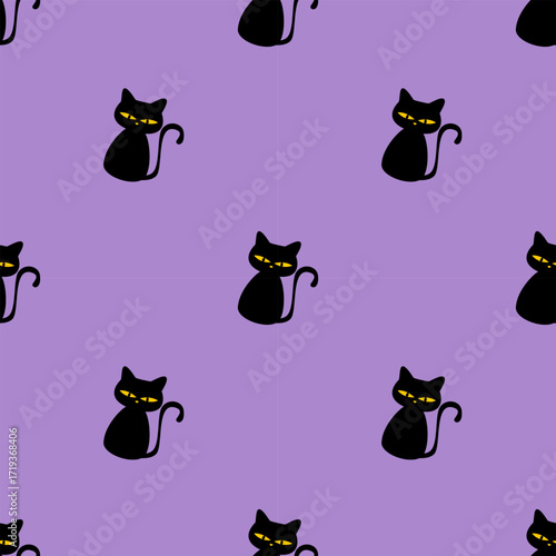 Halloween Black Cat Seamless Pattern – Spooky Purple Background with Cute Cartoon Cats for Fall Design