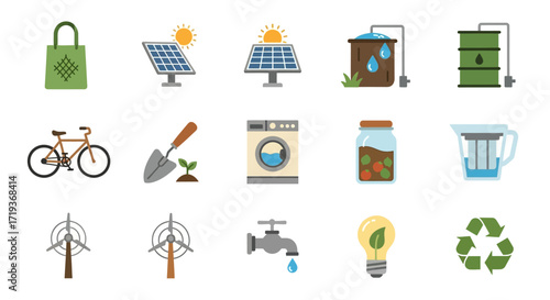Sustainable living and eco friendly lifestyle icons for environment.