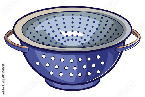 Blue metal colander with small holes and handles sits alone in the kitchen