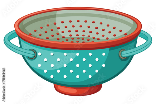 An isolated teal colander with red trim and handle accents sits perfectly