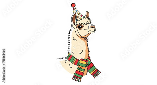 A festive llama wearing a party hat and scarf, bringing a touch of whimsy and celebration to any design project