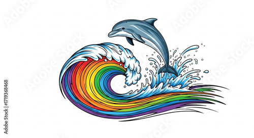 A vibrant dolphin leaps over a rainbow wave, symbolizing joy, freedom, and the beauty of marine life and colorful spectrum