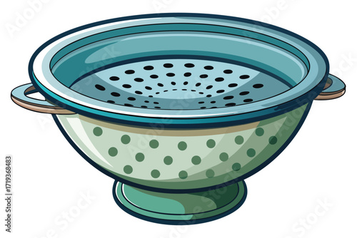 Shiny light green colander features many perforations for draining water easily while standing firm