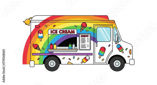 Colorful ice cream truck, , brings joy with rainbow hues, frozen treats, and summer vibes a mobile dessert paradise on wheels