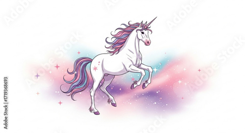 Graceful unicorn prancing amidst a pastel dream, its horn gleams, mane flows, tail swishes, a magical creature in a whimsical scene