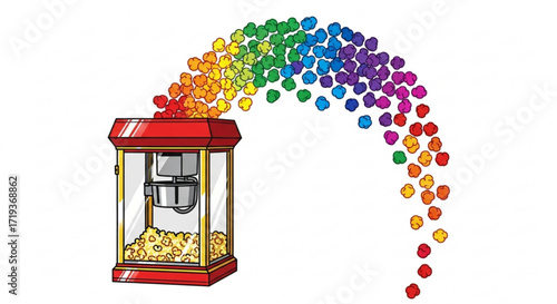 A popcorn machine spewing rainbow popcorn, creating a vibrant and delightful image of fun and colorful treat