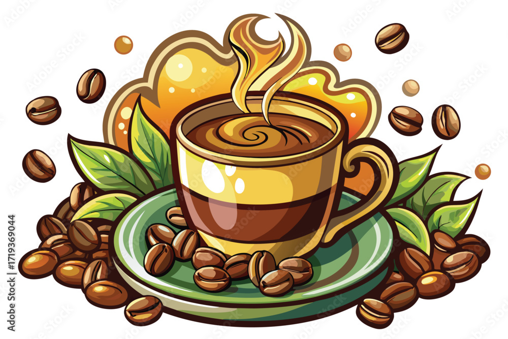 Obraz premium Steaming coffee fills the cup surrounded by coffee beans and leaves for an energetic start
