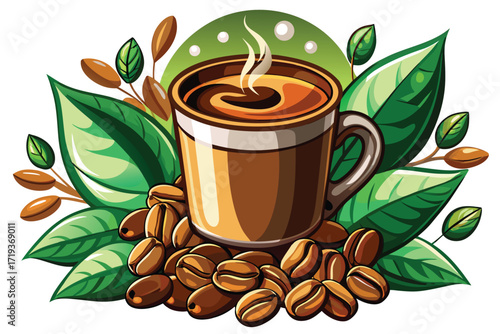 Steaming coffee cup surrounded by roasted beans and verdant green leaves creates a refreshing scene