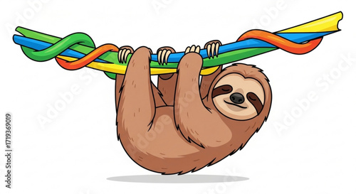 A cute sloth hangs upside down from a colorful vine, , showcasing its relaxed and playful nature in a whimsical illustration