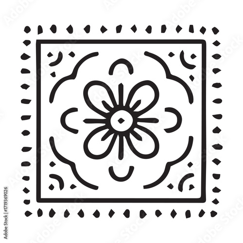 Antique philately collection featuring a vintage ornamental round frame with perforated flowers and a canceled postmark on aged paper