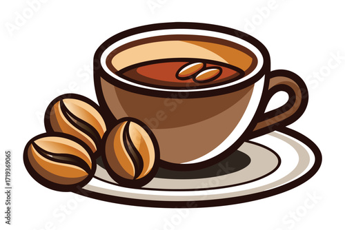 A steaming cup of coffee and three roasted beans sit on a saucer