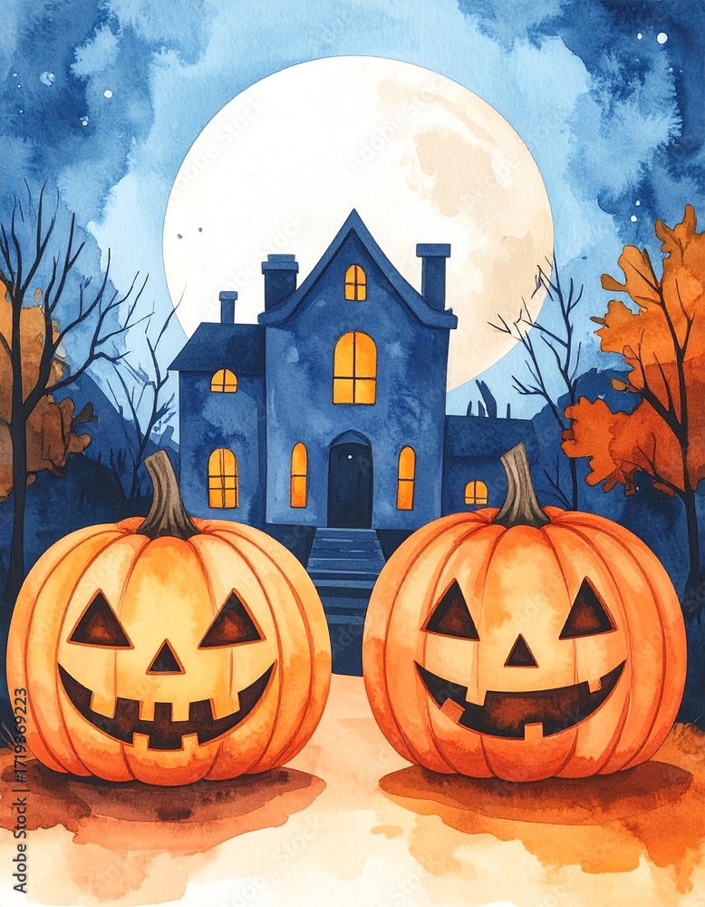 Fototapeta premium Minimalist abstract Halloween pumpkins in front of haunted house, watercolor illustration