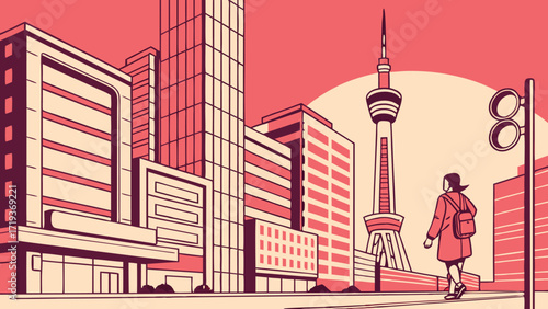 Modern cityscape illustration of a woman walking towards a distant tower, perfect for travel blogs, urban design projects, and architectural visualizations