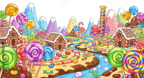 Illustration of a candy land with gingerbread houses, lollipops, mountains and a river the land is colorful
