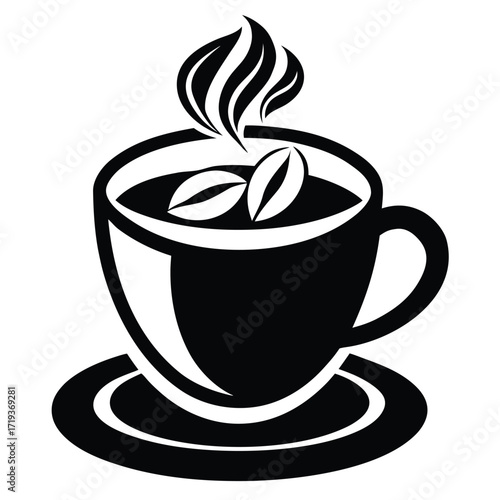 Black steaming cup with beans displayed, set on a matching saucer in silhouette