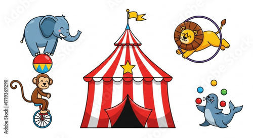 A whimsical circus scene featuring various animals and a tent, creating a fun and playful atmosphere