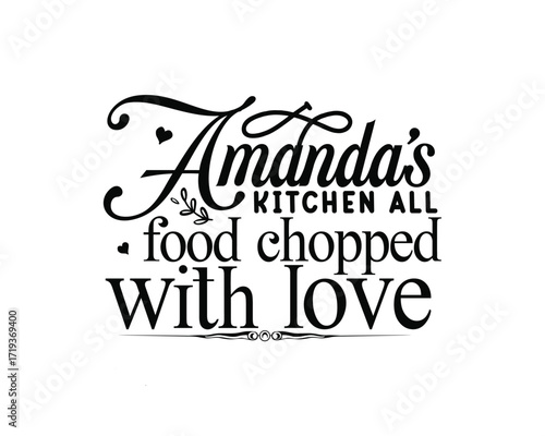 A black and white graphic design that says "Amanda's Kitchen All Food Chopped With Love" in elegant script and block lettering.