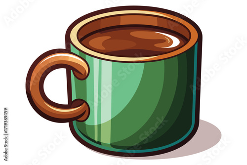 A green ceramic coffee cup holds rich brown coffee with handle in full view