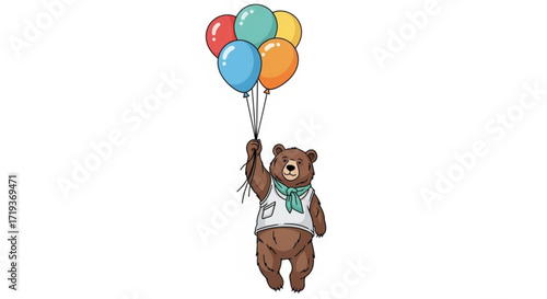 A charming bear floats gently through the air, carried by a cluster of colorful balloons, creating a whimsical and heartwarming scene