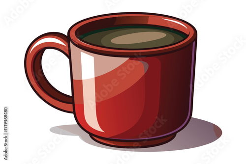 A red coffee cup, with dark brown liquid, is shown with a shadow