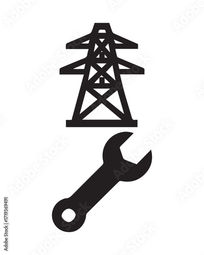 A stylized blue oil pump jack and a black communication tower silhouette against a sky