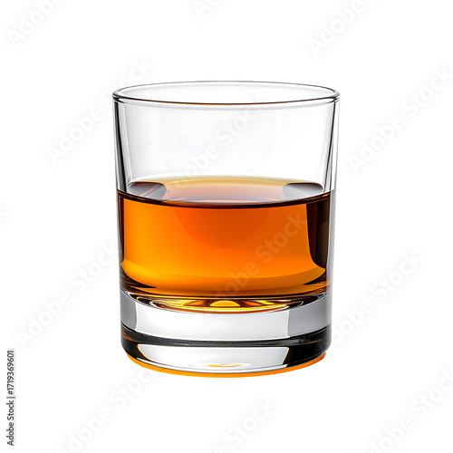 A short, clear glass filled about halfway with golden-brown liquor, set against a black background
