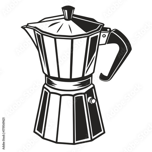 Stylized black and white percolator presents a detailed illustration of an iconic kitchen essential