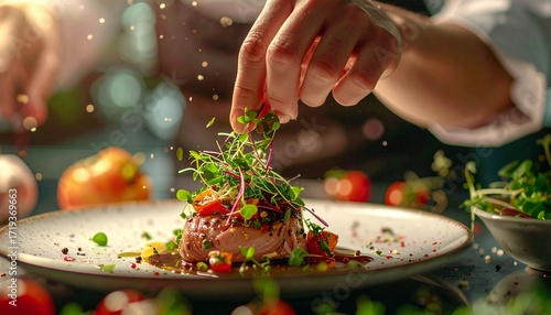 Culinary artistry in action as a chef adds the final, delicate garnish of fresh microgreens to a gourmet plated meal