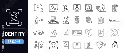 Identity line style icons set. Authentication, verification, login, privacy, access control, biometrics, password, key, ID card, personal data, and protection icons for web and digital services.